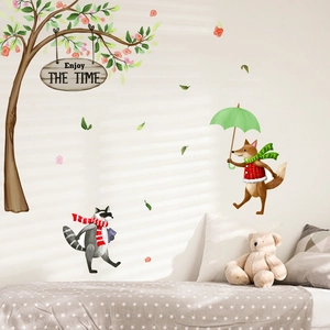 Cartoon forest wall stickers with fox and raccoon under tree for kids bedroom decoration