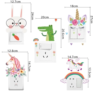 Detailed size specifications for cartoon unicorn and animal themed light switch wall stickers