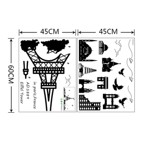 Detail view of 45x60cm black silhouette PVC wall stickers showing city landmarks and icons