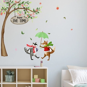 Cartoon animal wall stickers with fox and tree decor for a cozy kids' bedroom theme