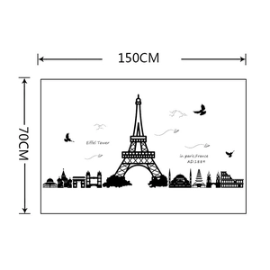 Detail showing 150x70CM black wall sticker with Eiffel Tower and global landmarks