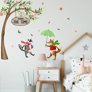 Cartoon fox and raccoon under a tree wall decal for children's bedroom decoration