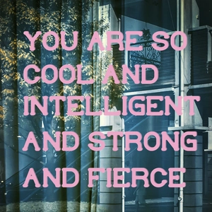 Pink motivational quotes wall sticker with artistic nature patterns and city reflections