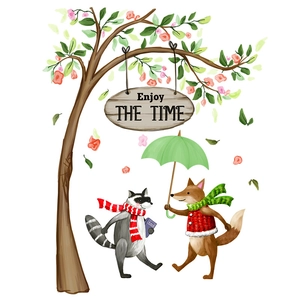 Detail of cartoon fox and raccoon with tree wall decals for nursery wall decoration