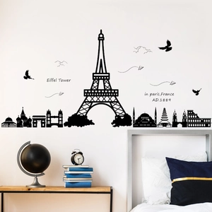 Minimalist black Eiffel Tower and world landmarks wall decal for creative home decor