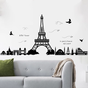 Minimalist black Eiffel Tower and world landmarks wall decal for a modern living room decor