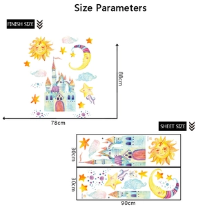 Détail des stickers muraux château aquarelle avec soleil et lune pour décor de chambre