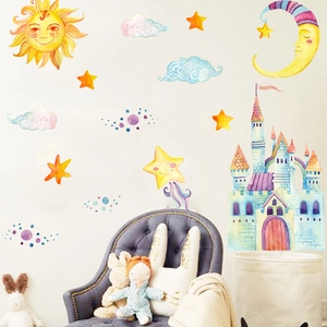 Stickers muraux aquarelle soleil lune et château pour décoration de chambre d'enfant