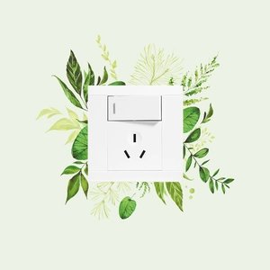 Détail de l'interrupteur mural blanc et de la prise avec décor de feuilles vertes
