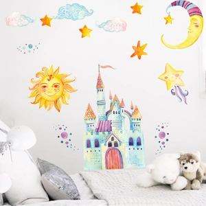 Stickers muraux aquarelle soleil lune et château pour déco chambre d'enfant