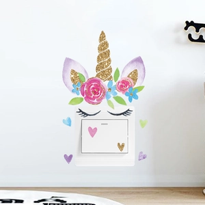 Unicorn wall stickers for light switch decoration with glitter horn and floral details