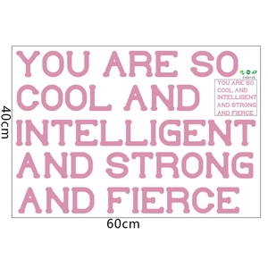 Detail view of pink motivational wall decal showing 60x40cm dimensions and quote