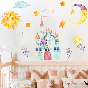 Stickers muraux aquarelle avec château, soleil et lune pour décor de chambre d'enfant