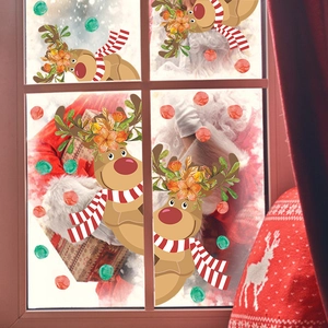 Stickers de fenêtre cerf de Noël avec écharpes et bois fleuris pour déco de fête