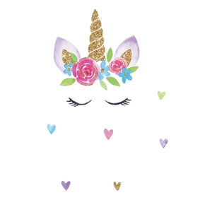 Detail view of watercolor unicorn wall sticker with gold glitter horn and floral headpiece