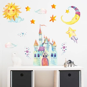 Stickers muraux aquarelle avec château, soleil et lune pour déco chambre enfant