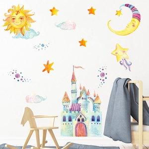 Stickers Muraux Château Dessin Animé Aquarelle Soleil Lune Étoiles pour Chambre d'Enfants Crèche Chambre DIY Amovible PVC Autocollant Mural