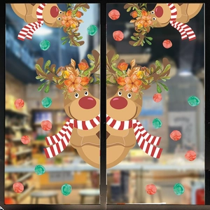 Autocollants de fenêtre de Noël avec renne festif et couronne orange pour décor de fête