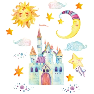 Détails de stickers muraux aquarelle avec soleil, lune et château de conte de fées