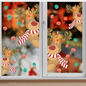 Stickers de Noël pour fenêtres avec rennes de dessin animé, couronnes et pois décoratifs