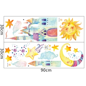 Détails des stickers muraux avec château, lune et étoiles au style aquarelle