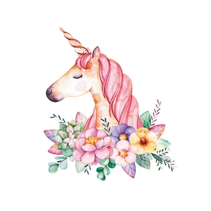 Macro detail of watercolor unicorn wall sticker with pink flowers and soft golden horn