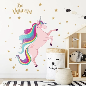 Stickers muraux licorne rose avec étoiles dorées et texte Be Unicorn pour chambre d'enfant