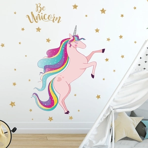 Stickers muraux licorne rose de rêve avec étoiles dorées pour décor chambre enfant