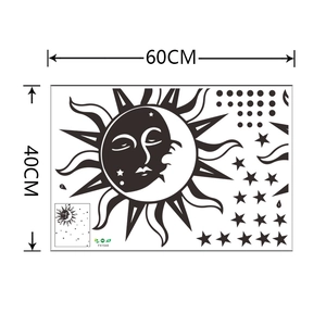 Detailed size chart showing 60x40cm sun and moon celestial vinyl wall decals