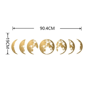 Detailed view of golden moon phase wall decals showing seven stages with size dimensions