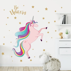 Sticker Mural Licorne Dessin Animé pour Chambre d'Enfant PVC Crinière Arc-en-ciel Étoile Décalcomanie DIY Décoration