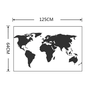 Detailed size specifications for world map wall sticker showing 125cm width and 64cm height