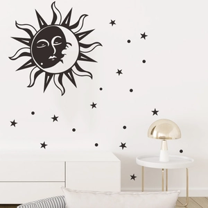 Minimalist black sun moon and stars wall decal set for modern home nursery decor