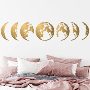 Set of seven golden moon phase wall stickers with realistic textures for home decoration