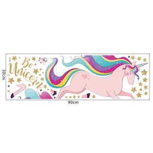 Planche de stickers muraux licorne avec crinière arc-en-ciel et étoiles dorées 30x90cm