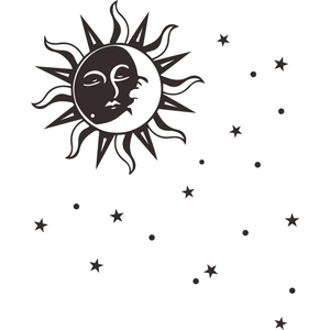 Detail of bohemian sun moon and stars wall stickers with celestial black line art graphics