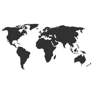 Detailed black silhouette world map wall decal showing global continents on white background