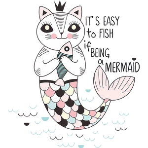 Detail von Cartoon-Meerjungfrau-Katze Wandtattoo mit Fisch und Pastellfarben Illustration