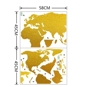 Detail showing glittery gold world map wall decal stickers with 58cm dimension markings