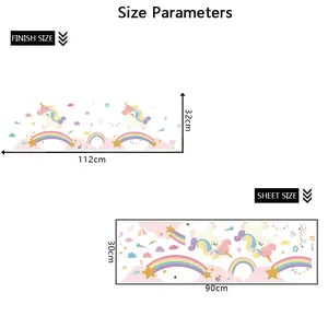 Tableau des tailles avec dimensions de 112x32cm et 90x30cm pour stickers muraux licorne