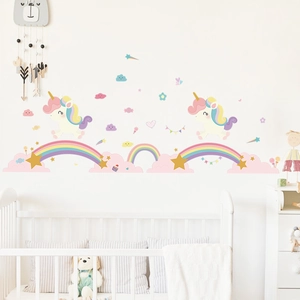 Stickers Muraux Licorne Arc-en-ciel Dessin Animé Nordique pour Chambre d'Enfant Décoration DIY PVC Amovible Nuages Étoiles Décalcomanies