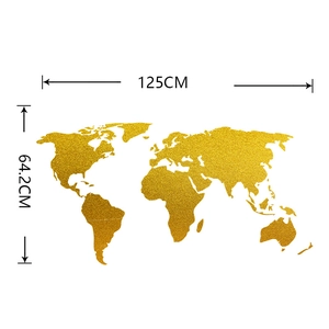 Golden glitter world map wall sticker dimensions showing 125cm width and 64.2cm height