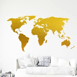Golden glitter world map wall decal with 3D continent silhouettes for home decor