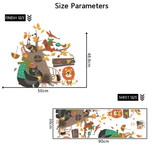Detailed size chart showing Finnish size and sheet size for animal forest wall stickers