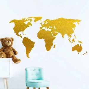 Glittering gold world map wall sticker with continents for creative home wall decoration