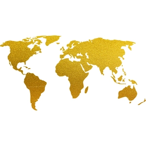 Macro detail of world map wall sticker with sparkling gold texture and clean contours