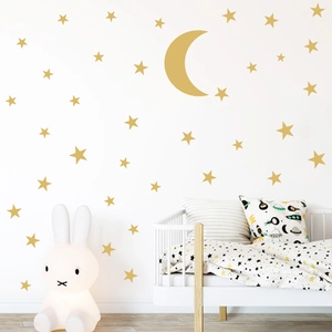 Minimalist golden moon and stars wall stickers for kids bedroom decor on white wall