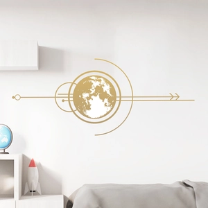 Minimalist golden planet wall sticker with geometric lines for modern home nursery decor