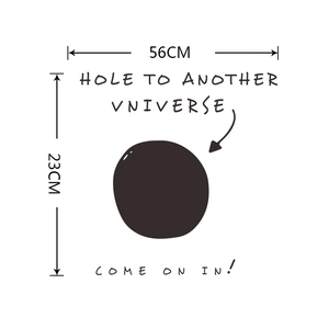 Black hole wall decal with HOLE TO ANOTHER UNIVERSE text measuring 56x23 cm