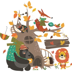 Detail of Nordic cartoon forest animals wall decals featuring bears and foxes in autumn
